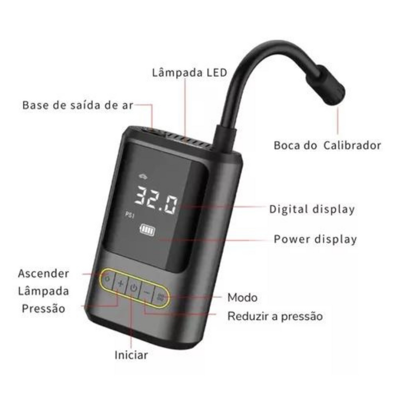 Calibrador Compressor Pneu Digital Carro Bike Moto Sem Fio